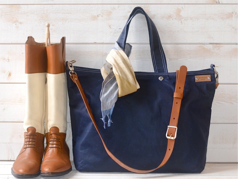 Canvas work tote bag with Leather Strap , Waxed canvas bag, Blue Sapphire Tote bag IKABAGS 3 WAY image 1