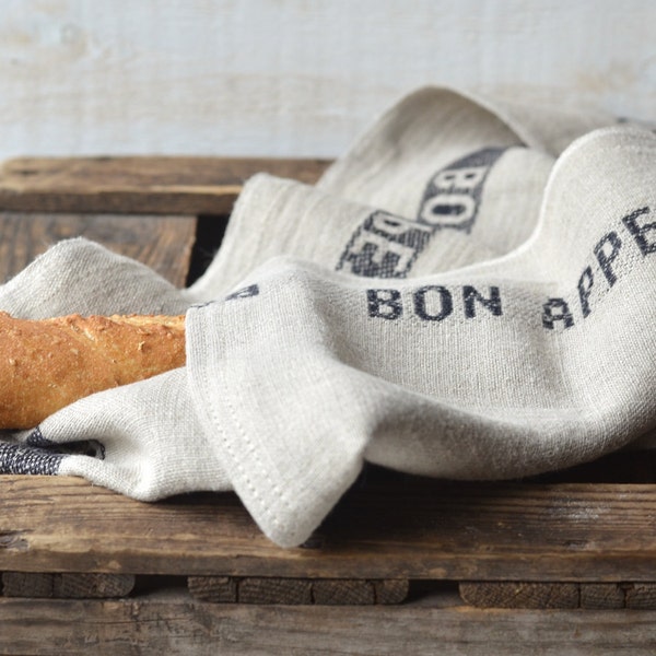 Reserved for C Linen Tea towels, French country, NATURAL BON APPETIT Black, shabby chic kitchen, eco friendly gift Natural / sustainable