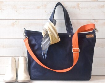 Bolso tote de lona encerada azul marino hecho a mano: bolso de