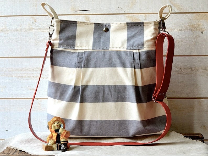 Crossbody Diaper bag, Baby boy diaper bag New mom gift, Striped bag ikabags Gray-Ecru Striped