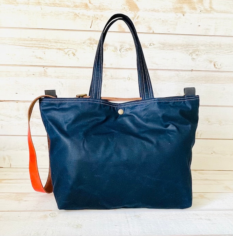 Navy Canvas Tote Bag Waxed Orange Leather Strap - Blue Canvas Tote Leather Straps Navy Canvas Tote Bag Waxed Orange Leather Strap - Blue Canvas Tote Leather Straps