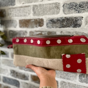 Bolsa de pulso com zíper de linho antigo, bolsa de mão grande, bolsa de cosméticos de bolinhas, bolsa vegana, presente para viajantes, presente para a mãe