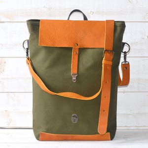 Canvas Tote Bag with leather bottom and leather cross body strap Forest Green messenger bag, IKABAGS 3 Way image 6