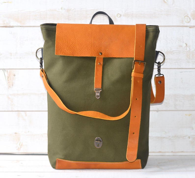 Canvas Tote Bag with leather bottom and leather cross body strap Forest Green messenger bag, IKABAGS 3 Way image 6