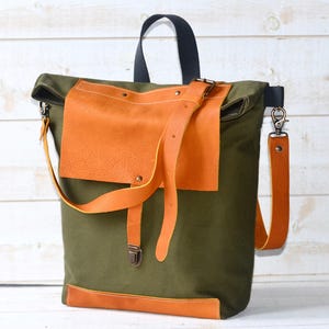 Canvas Tote Bag with leather bottom and leather cross body strap Forest Green messenger bag, IKABAGS 3 Way image 2