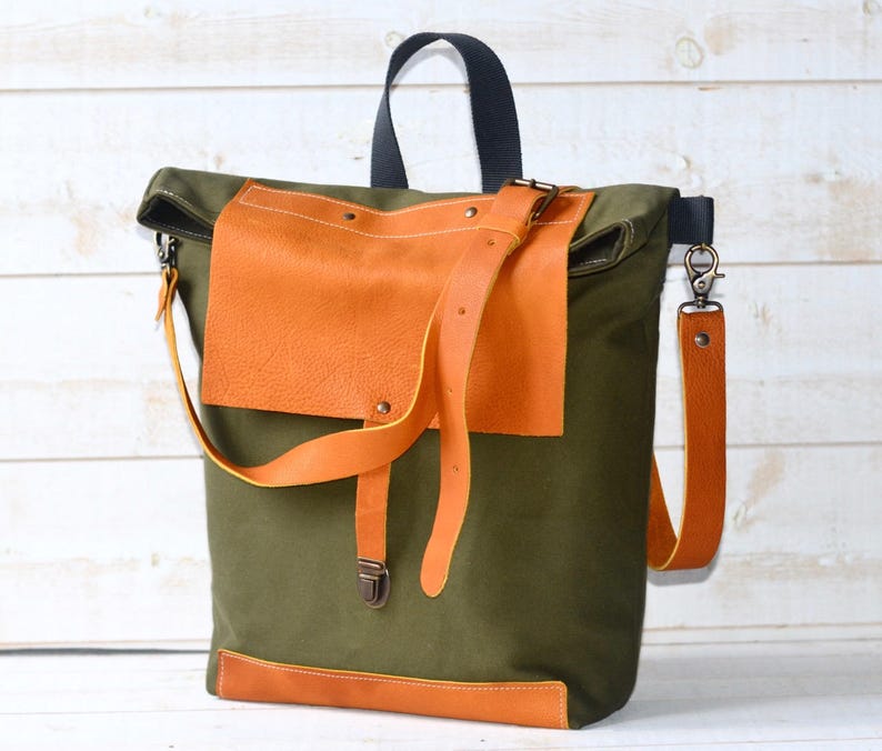 Canvas Tote Bag with leather bottom and leather cross body strap Forest Green messenger bag, IKABAGS 3 Way image 2