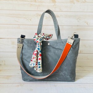 Grey Waxed Canvas tote bag, Waxed Canvas Crossbody Bag IKABAGS 3 WAY Single leather strap
