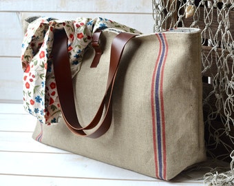 Naturel linen bag, Farmers market bag, Weekender bag,Sustainable bag, Extra Large Tote bag, Large Knitting bag