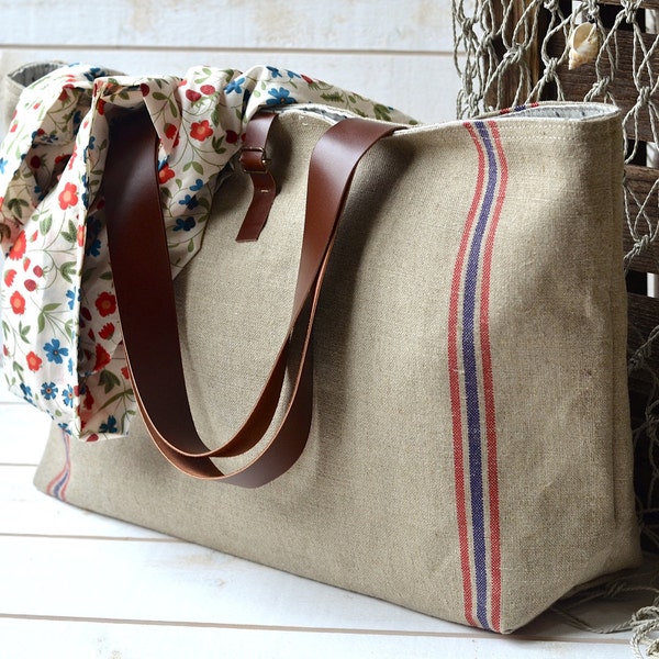 Naturel linen bag, Farmers market bag, Weekender bag,Sustainable bag, Extra Large Tote bag, Large Knitting bag