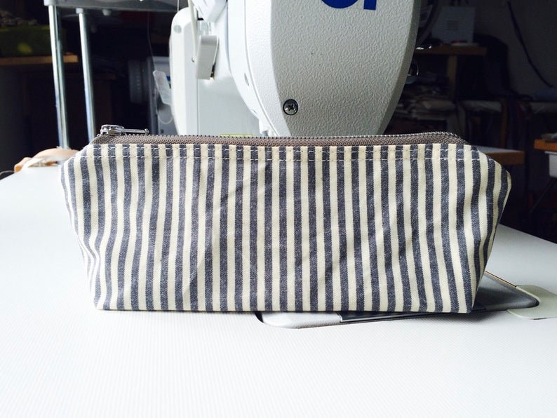 Cotton canvas Zipper Pencil case, back to school , Canvas Zipper Pouch ,Travel bag, Desk organization , Teacher gift IKABAGS Gray-ecru striped