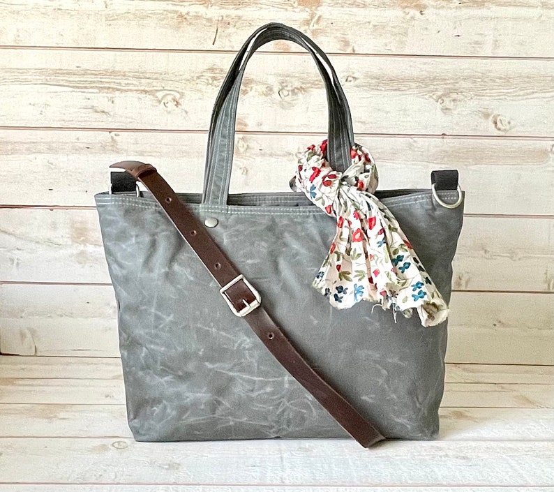 Grey canvas tote bag with Adjustable Leather strap, Travelling bag, Unisex messenger bag IKABAGS 3 WAY image 3