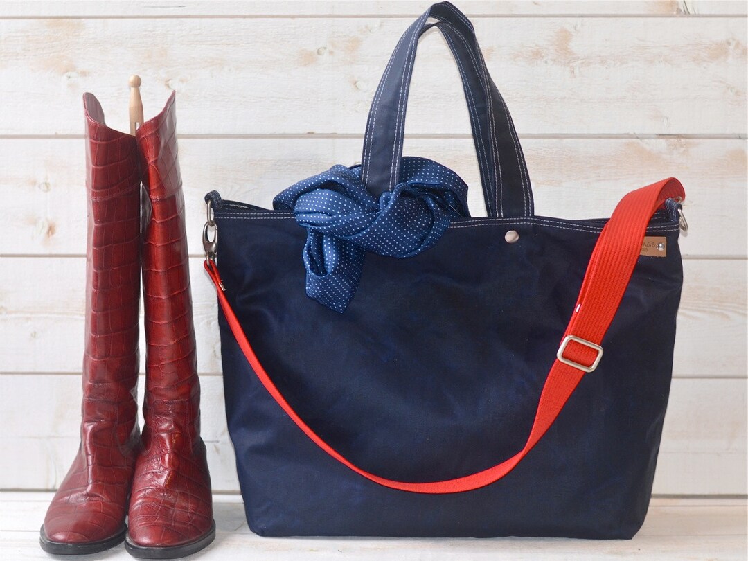 Handmade Navy Waxed Canvas Tote Bag: Versatile Crossbody Shopper