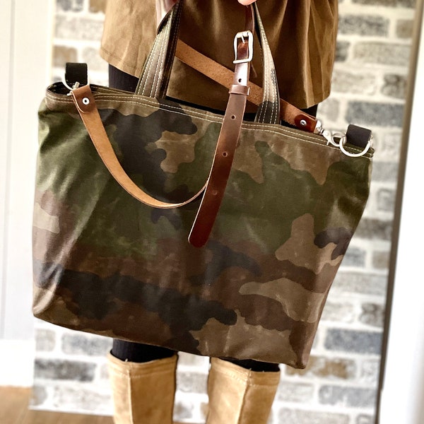 Camouflage Canvas Tote Bag, Zippered Messenger Bag, Crossbody Weekender bag, Waxed Canvas fabric Tote Bag IKABAGS 3 Way Tote