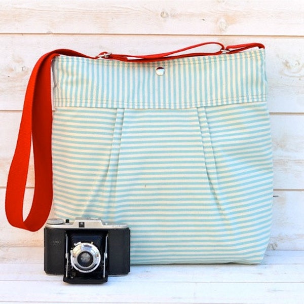 Reserved for elm ---WATER PROOF- Cross body bag / Diaper bag STOCKHOLM Pale Turquoise and Ecru Striped