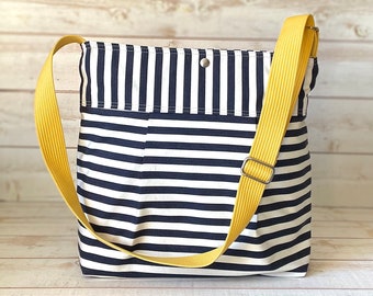 Crossbody Vegan bag, Canvas Diaper bag, Stockholm blue Striped Weekender  bag IKABAGS 2 Way