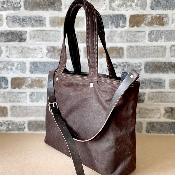 Waxed Canvas tote bag in Chocolate Brown with Leather Strap , Weekender bag , Saint Patrick's Day gift  IKABAGS 3 WAY