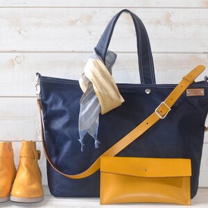 Canvas work tote bag with Leather Strap , Waxed canvas bag, Blue Sapphire Tote bag IKABAGS 3 WAY image 2