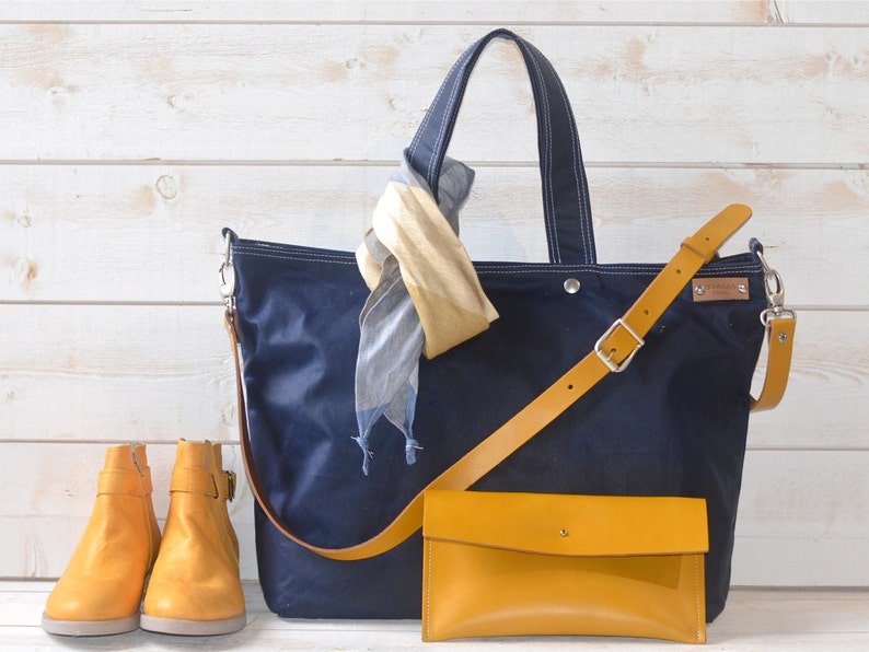 Canvas work tote bag with Leather Strap , Waxed canvas bag, Blue Sapphire Tote bag IKABAGS 3 WAY image 2