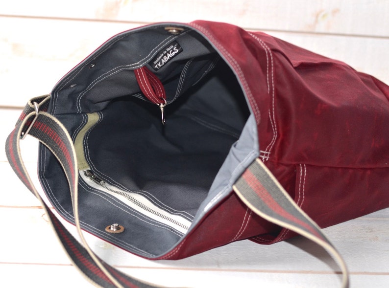 Waxed Canvas Crossbody hobo bag in Red Garnet , Weekender bag New mom gift IKABAGS image 3