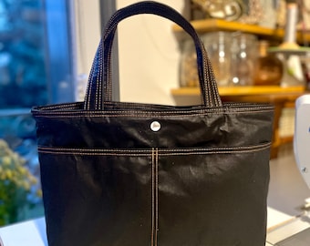 SAMPLE SALE Black Waxed Canvas medium tote bag, Daily handbag,Gift for mom, Gift for Her ,Gift for Best Friend  Ikabags 2 WAY