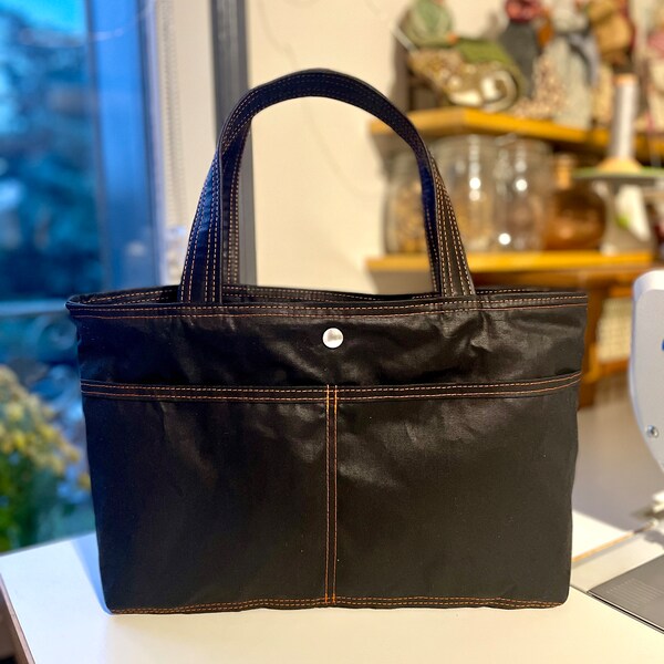 SAMPLE SALE Black Waxed Canvas medium tote bag, Daily handbag,Gift for mom, Gift for Her ,Gift for Best Friend  Ikabags 2 WAY