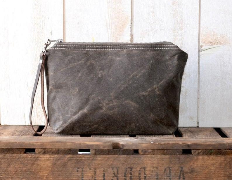 Waxed Canvas Zipper Pouch, Pencil Case, Purse Organization , Vegan Pouch, Travel Case, Passport holder Dark khaki green