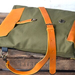 Canvas Tote Bag with leather bottom and leather cross body strap Forest Green messenger bag, IKABAGS 3 Way image 3