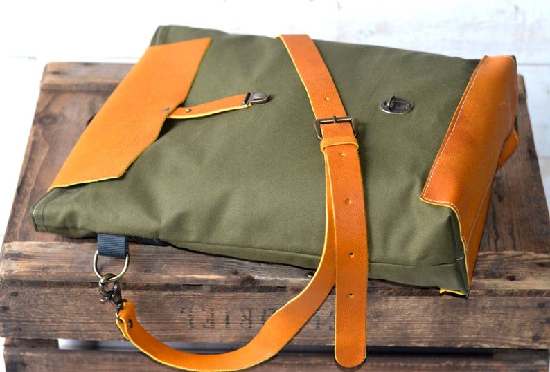 Canvas Tote Bag with leather bottom and leather cross body strap Forest Green messenger bag, IKABAGS 3 Way image 3