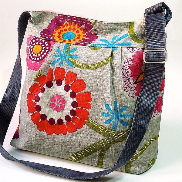 Mimosa Gray Diaper bag - Messenger  spring floral print with garnet red pink turquoise flower - 10 pockets