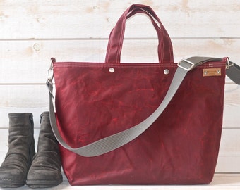 Waxed Canvas Tote Bag in Red  with Crossbody Strap IKABAGS 3 WAY