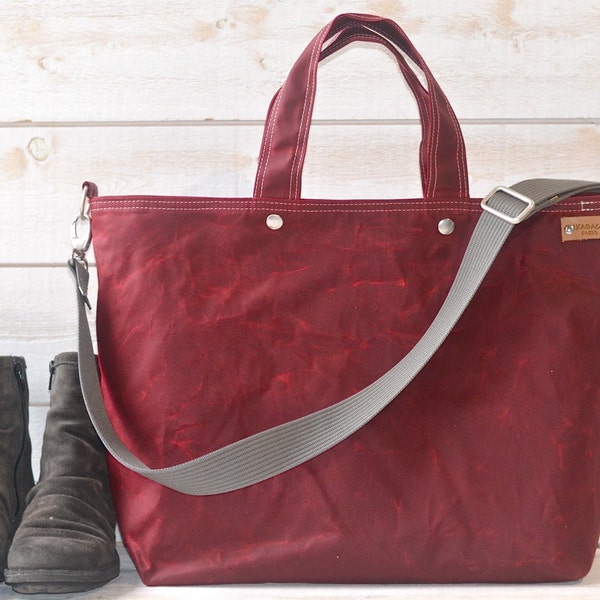 Waxed Canvas Tote Bag in Red  with Crossbody Strap IKABAGS 3 WAY