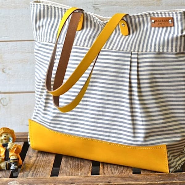 WATER PROOF Best Seller Diaper bag / Messenger bag / Nautical  tote bag STOCKHOLM Gray and ecru nautical stripe - 10 Pockets Made to order