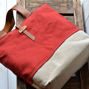 Large Zipper Tote Bag, Large Shoulder bag, Linen Tote bag, Linen Shoulder Bag IKABAGS Band+Light Brown st
