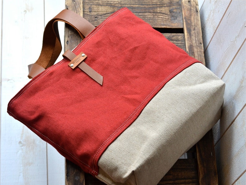 Large Zipper Tote Bag, Large Shoulder bag, Linen Tote bag, Linen Shoulder Bag IKABAGS Band+Light Brown st