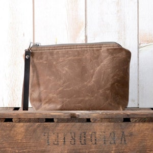 Personalized Waxed canvas zipper pouch, Pencil case, Travel pouch ikabags Tan brown