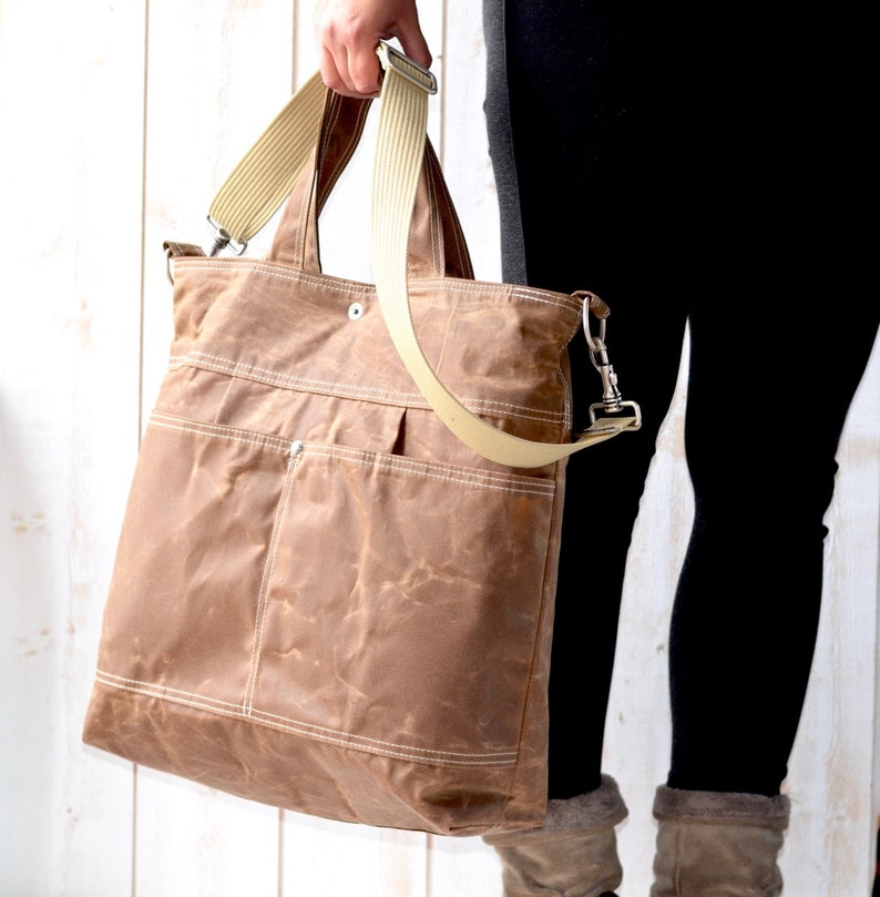 Waxed canvas tote bag, Laptop bag or Weekender bag, Vegan Messenger bag IKABAGS 3 Way 6"drop handles