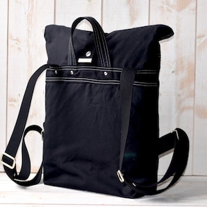 Black Herringbone Wool Backpack: Waterproof Canvas Rucksack
