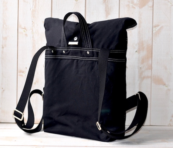 Black Herringbone Wool Backpack: Waterproof Canvas Rucksack
