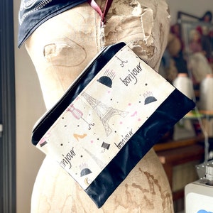 BONJOUR PARIS Bolsa de lona encerada preta, bolsa de viagem, bolsa utilitária, bolsa de cosméticos, presente para viajante, presente para namorado, presente para pai