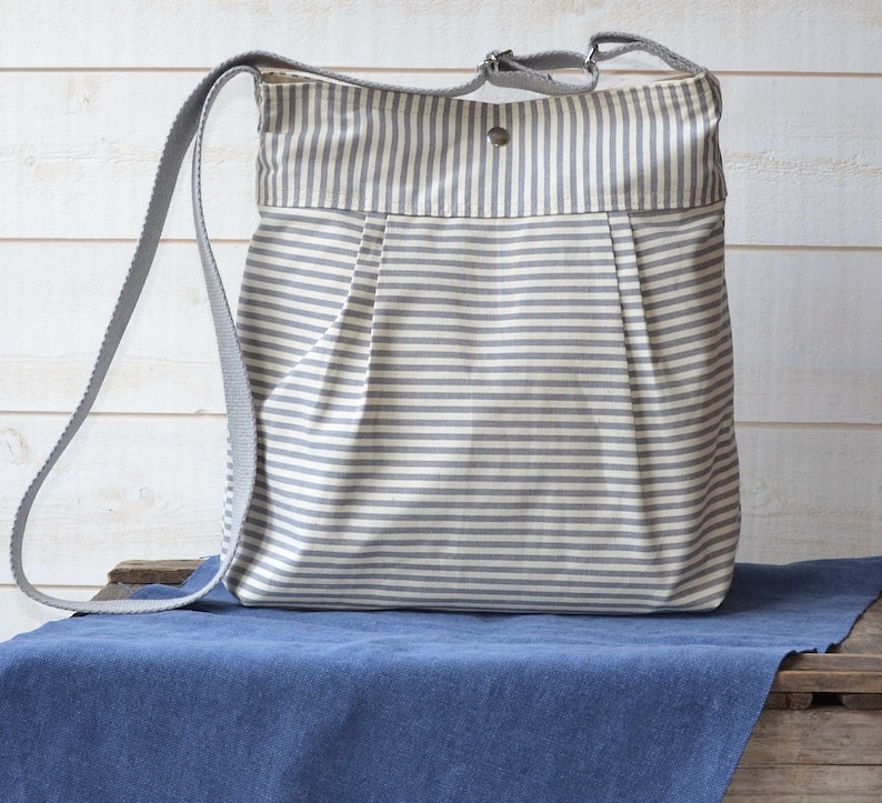 Canvas Diaper bag, Messenger bag, Grey Canvas bag, Striped bag, Gift for her, Geometric bag, Nautical striped, Gift for mom, Crossbody bag image 2