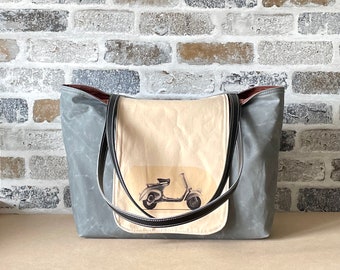 Waxed canvas tote bag in grey ,Shoulder bag with Leather straps, Messenger bag , Mother's Day Gifts IKABAGS 2 Way Tote bag