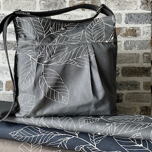 Handmade Vegan Messenger Bag: Grey Autumn Leaves Print Diaper Bag