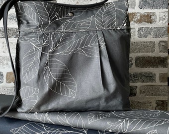 COPENHAGEN GREY Diaper bag / Vegan Messenger bag Autumn Leaves with White in Grey 5 Pockets