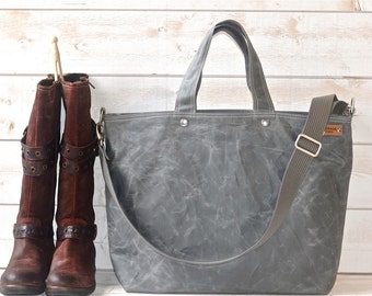 Grey Waxed Canvas Tote Bag: Handmade 3-Way Crossbody