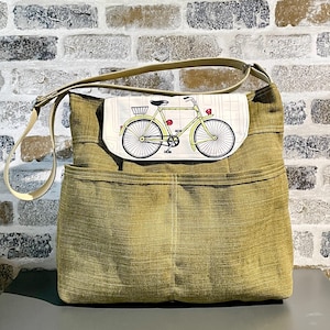 Klaar voor verzending La Pomme-fietstas met flap en groen linnen IKABAGS 3 WAY