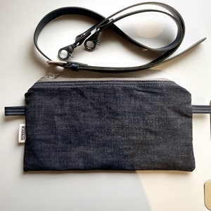 DENIM negro con correa cruzada Estuche con cremallera, Estuche para lápices, Estuche de viaje, Estuche multiusos, Estuche para cambio Regalo para viajero, Regalo para esposa