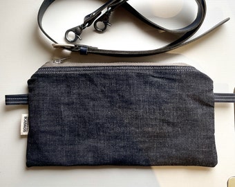 Black DENIM with an CROSSBODY STRAP Zipper Pouch, Pencil Pouch, Travel pouch, Utility pouch, Change Pouch Gift for Traveler, Gift for wife