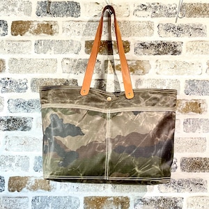 READY TO SHIP Camo and Green Waxed Canvas medium tote bag with pockets Daily handbag,Gift for mom,Gift for Her,Gift for xmas Ikabags