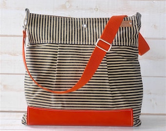 Large Canvas bag with Leather bottom and Orange Leather , 3 WAY IKABAGS