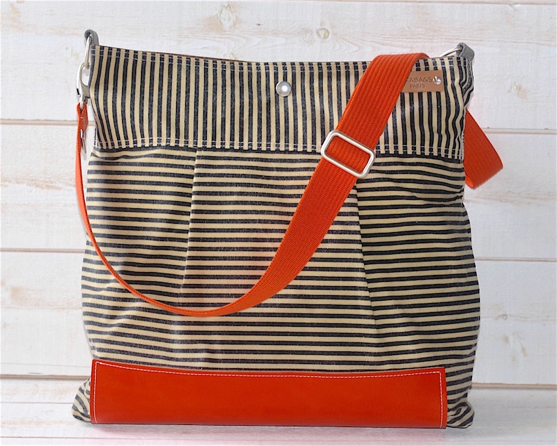 Large Canvas bag with Leather bottom and Orange Leather , 3 WAY IKABAGS image 1